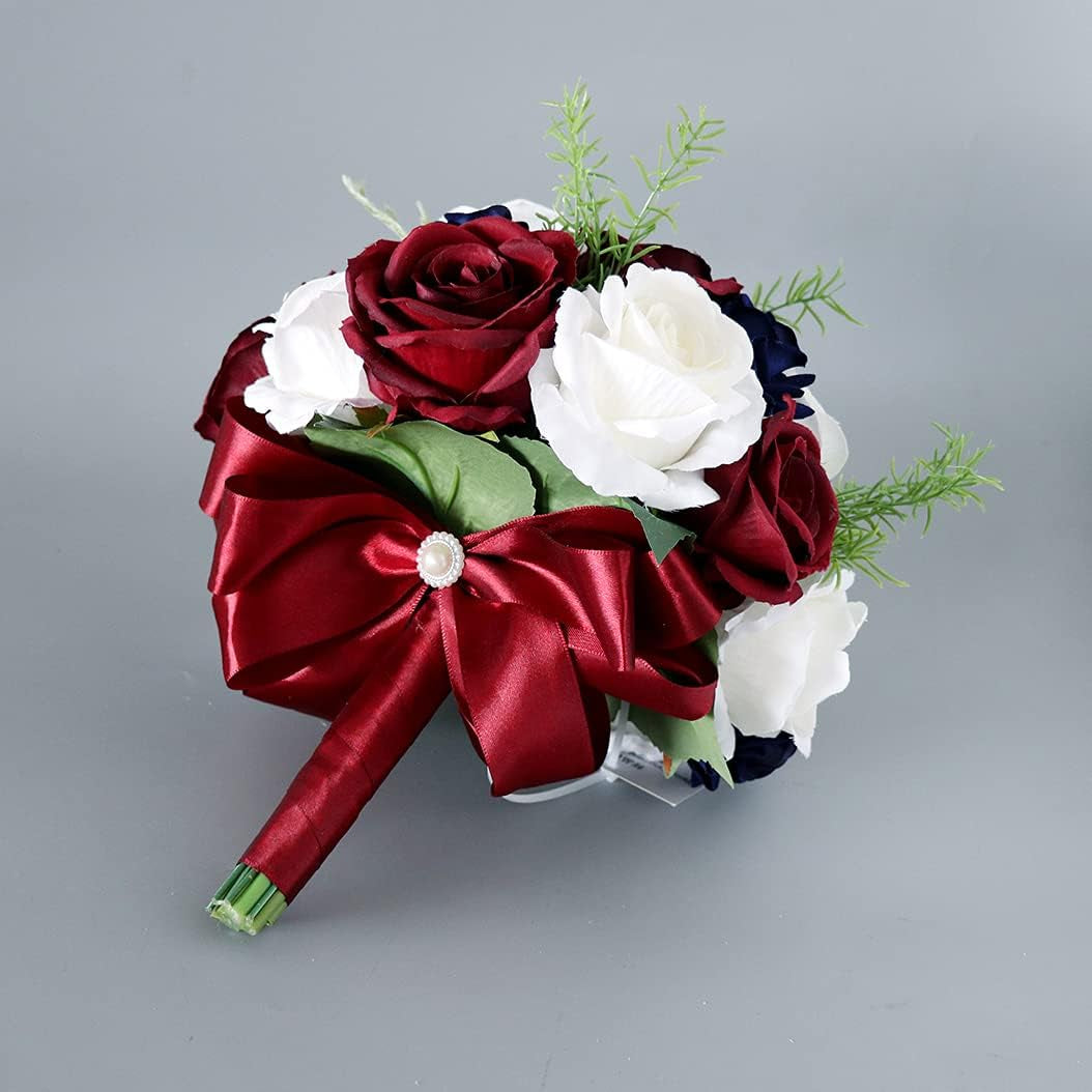 10 Inches Artificial Wedding Bouquets, Navy Blue Burgundy Rose Bridal Bouquet, Real Touch White Rose Bridal Bouquet for Ceremony Anniversary, Bridal Shower, French Rustic Wedding (Bouquet)