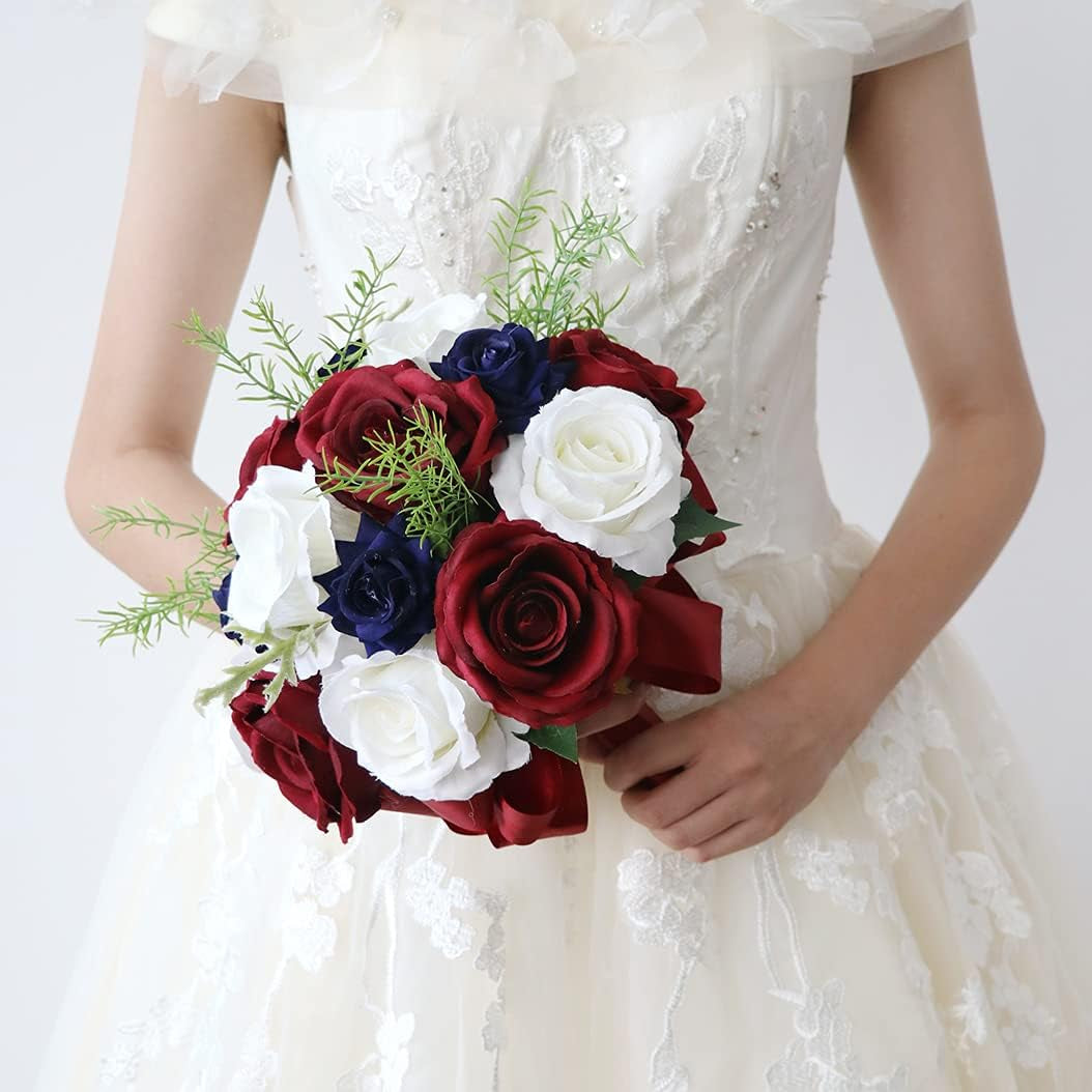 10 Inches Artificial Wedding Bouquets, Navy Blue Burgundy Rose Bridal Bouquet, Real Touch White Rose Bridal Bouquet for Ceremony Anniversary, Bridal Shower, French Rustic Wedding (Bouquet)