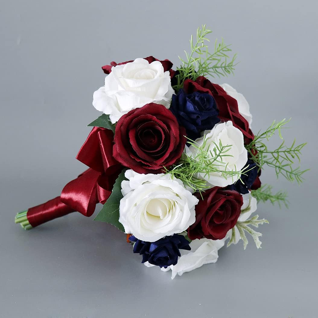 10 Inches Artificial Wedding Bouquets, Navy Blue Burgundy Rose Bridal Bouquet, Real Touch White Rose Bridal Bouquet for Ceremony Anniversary, Bridal Shower, French Rustic Wedding (Bouquet)